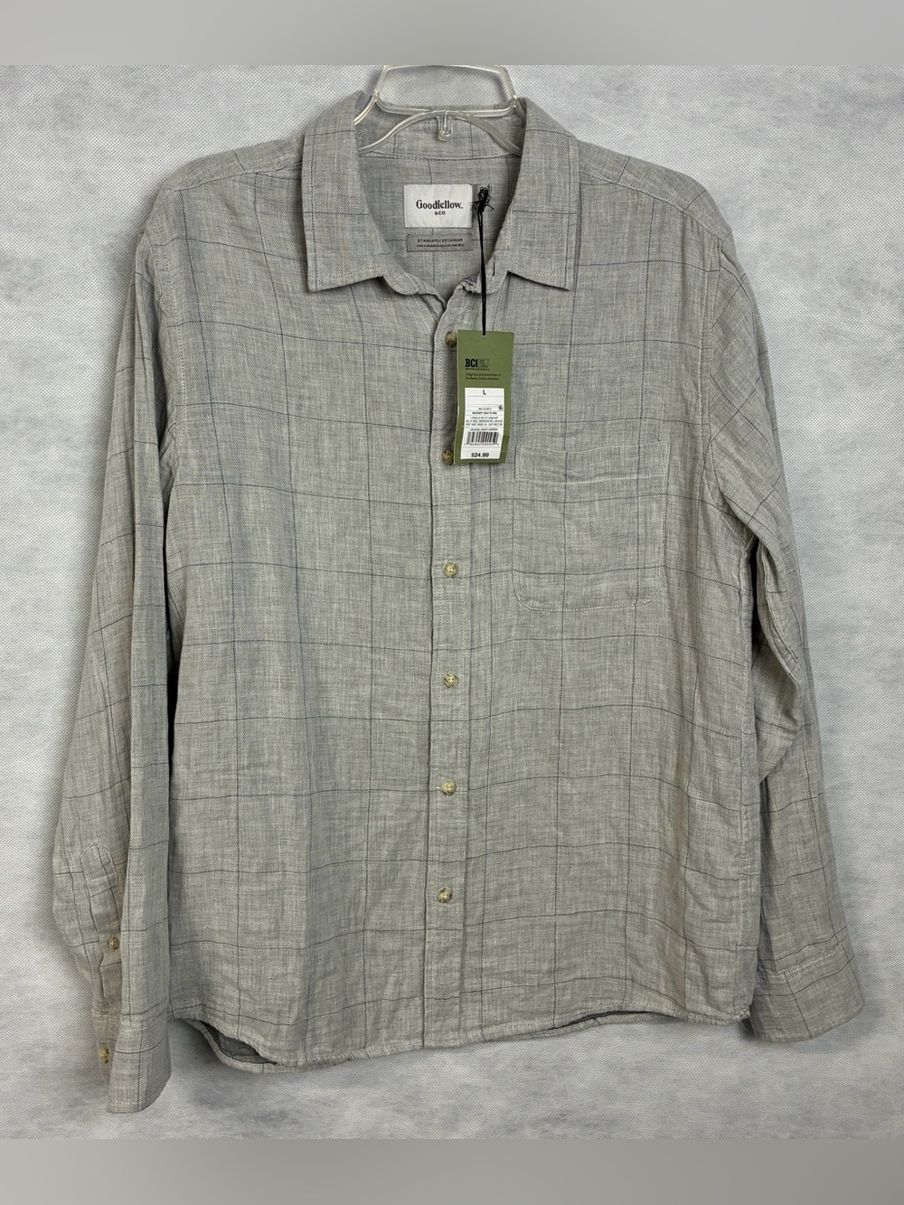 NWT Goodfellow & Co Button Up Shirt Mens L Gray Windowpane Plaid Long Sleeve
